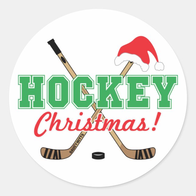 Hockey Christmas Hockey Sticks Santa Hat Classic Round Sticker (Front)