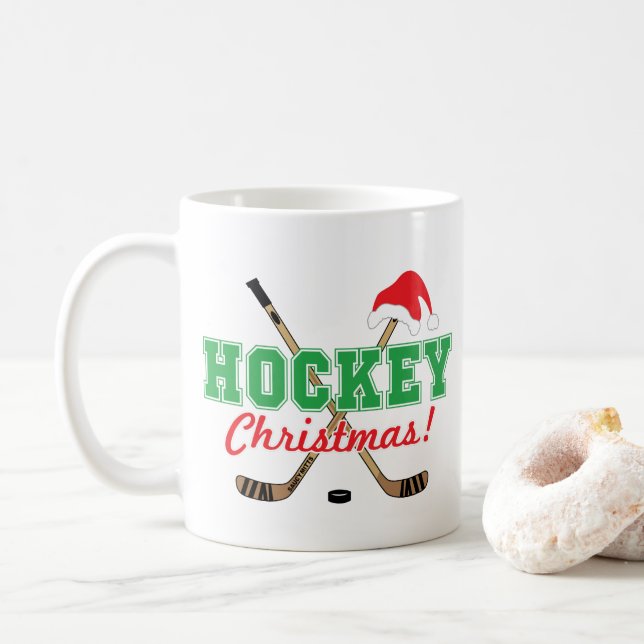 Hockey Christmas Hockey Sticks Santa Hat Coffee Mug (With Donut)