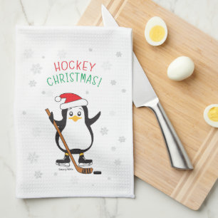 Hockey Christmas Penguin Santa Hat Snowflakes Tea Towel