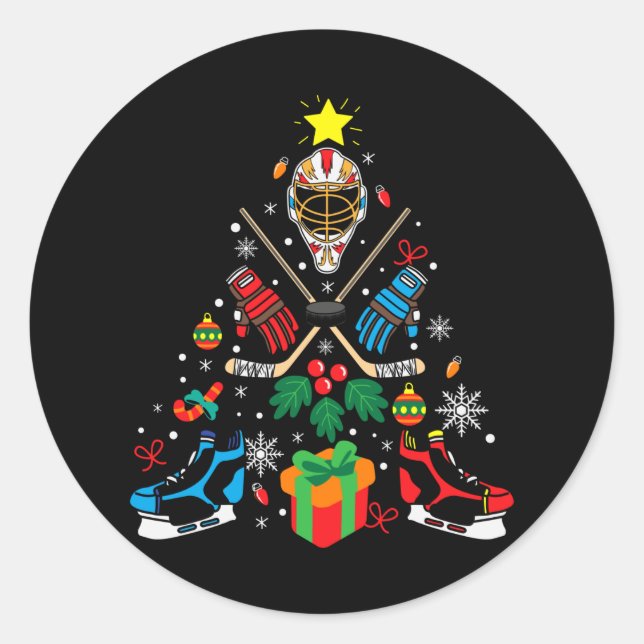 Hockey Christmas Tree Gift, Hockey Lovers Hobbies Classic Round Sticker (Front)
