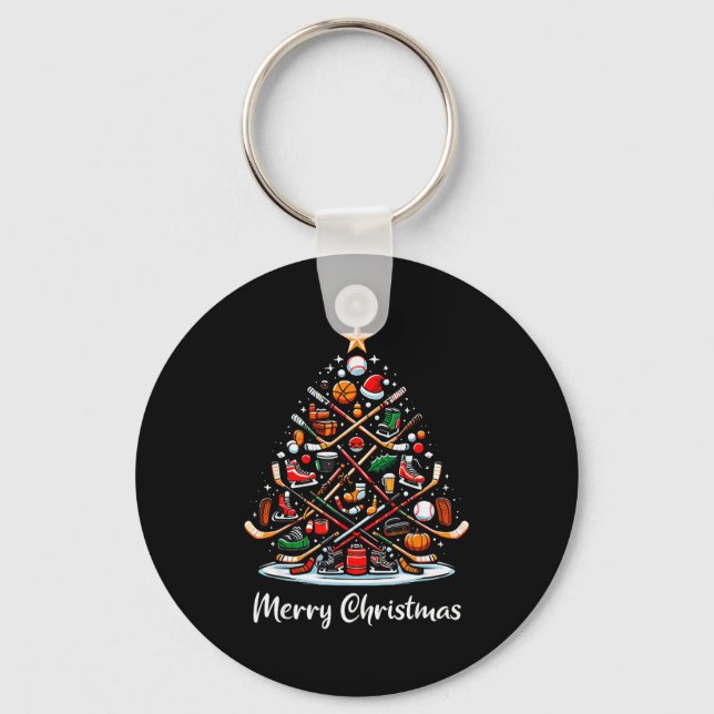 Hockey Christmas Tree Lights Funny Hockey Player X Key Ring (Front)