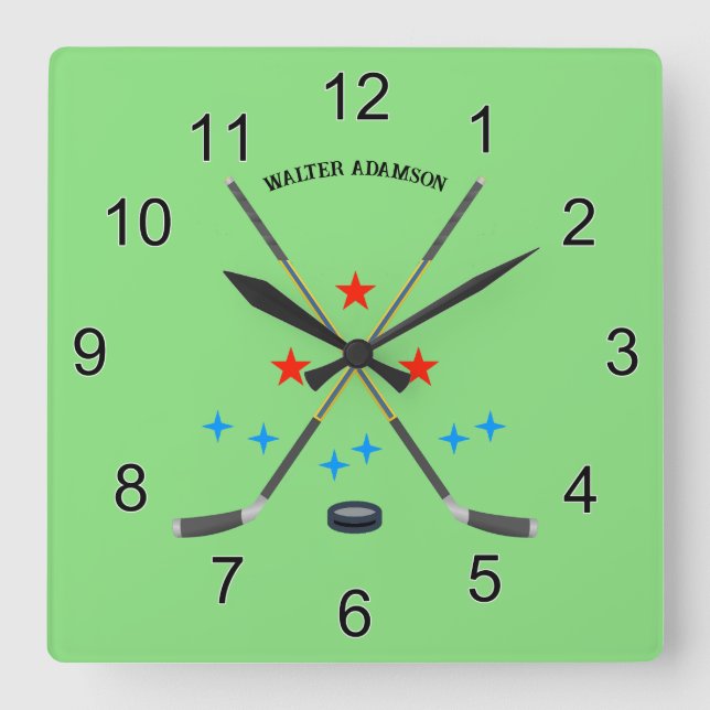 Hockey Crossed Sticks and Puck Square Wall Clock (Front)