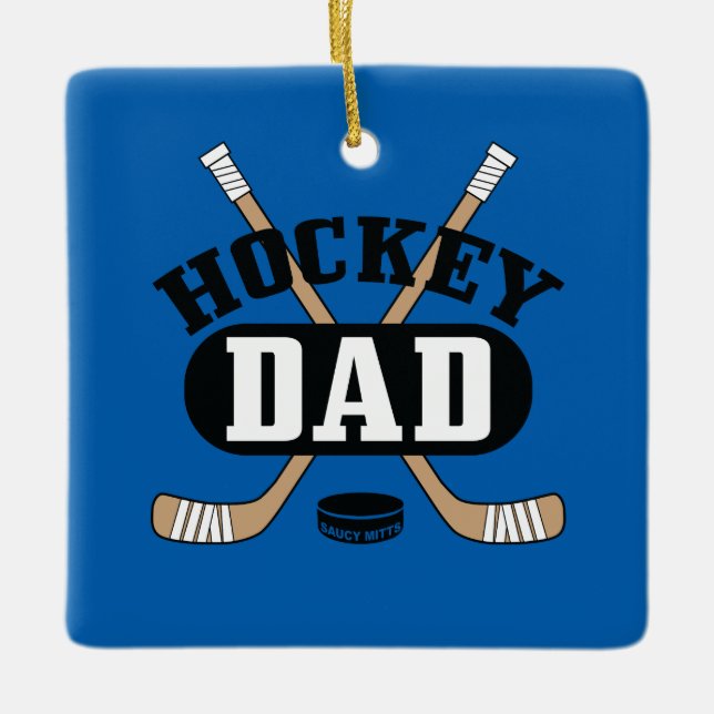 Hockey Dad Hockey Sticks and Puck Blue Ceramic Ornament (Front)