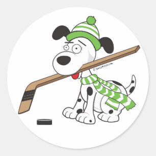 Hockey Dog with Hockey Stick Classic Round Sticker