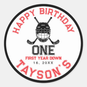 Hockey First Year Down 1st birthday Classic Round Sticker
