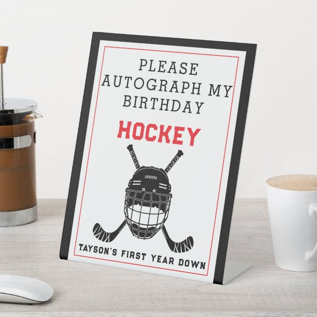 Hockey First Year Down Pedestal Sign– 1st Birthday Pedestal Sign (In SItu)