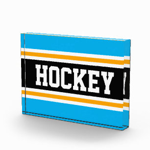 HOCKEY Fun Bright Azure Blue Black Yellow Stripes Photo Block