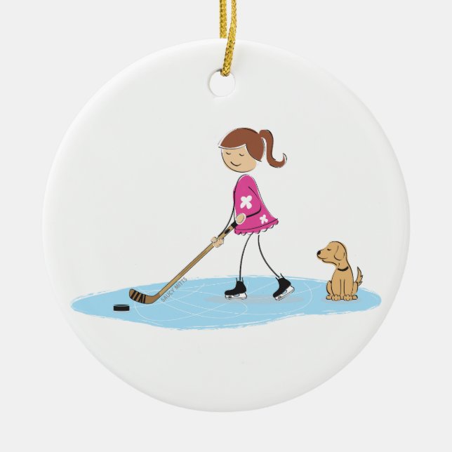 Hockey Girl Cartoon Ceramic Ornament (Front)