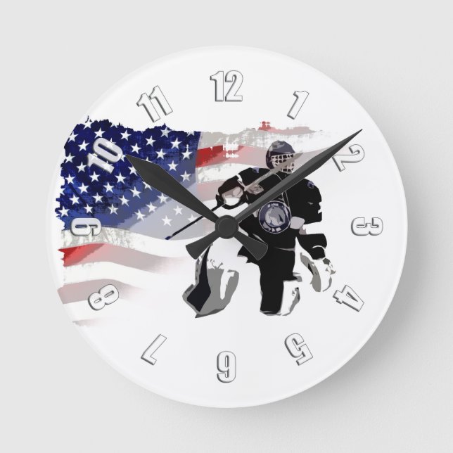 Hockey Goalie and US Flag  Round Clock (Front)