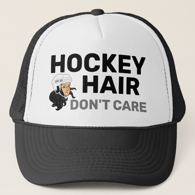 Hockey Hair Don't Care Black Hair Trucker Hat (Front)