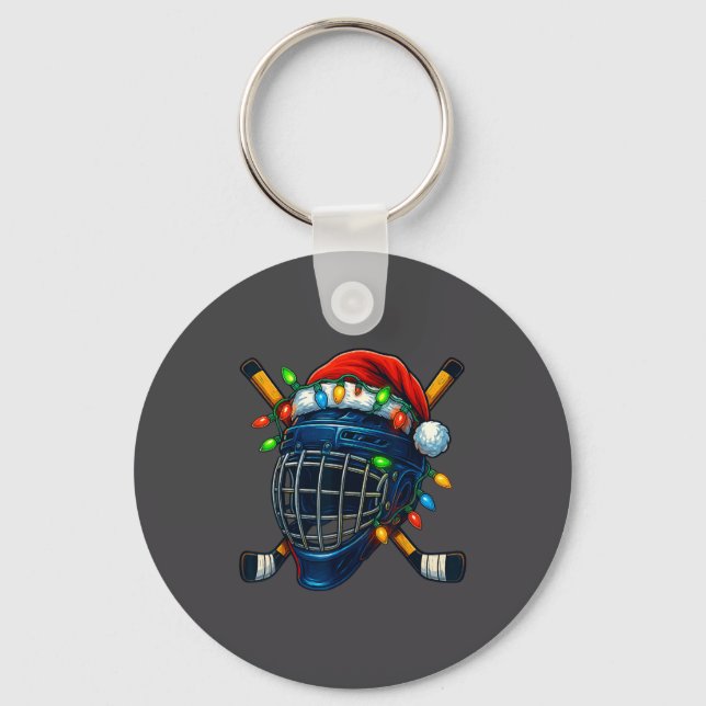Hockey Helmet Christmas Lights Santa Hat Design Xm Key Ring (Front)