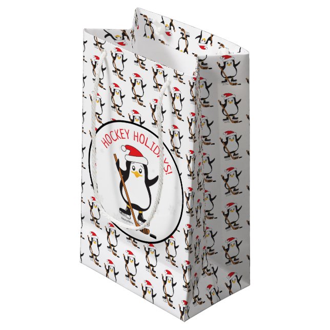 Hockey Holidays Hockey Penguin Small Gift Bag (Front Angled)