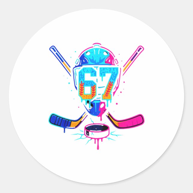 Hockey Ice Cream Drip Number 67 Player 67th Birthd Classic Round Sticker (Front)