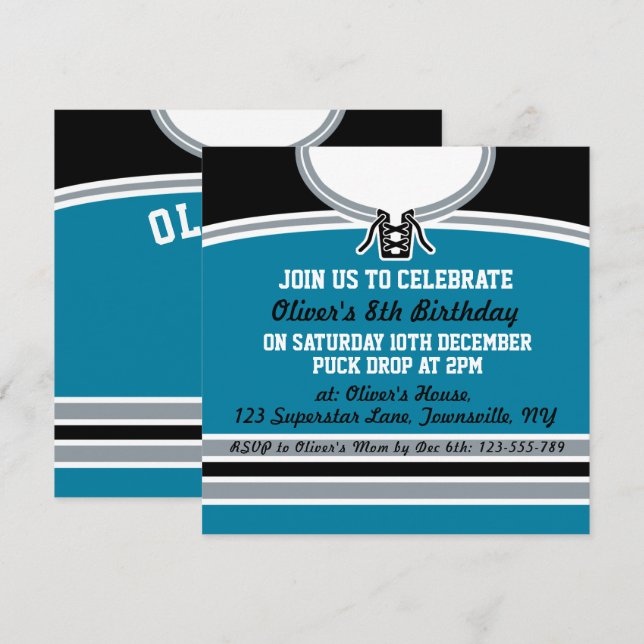 Hockey Jersey Themed Party Invite Template, Teal (Front/Back)