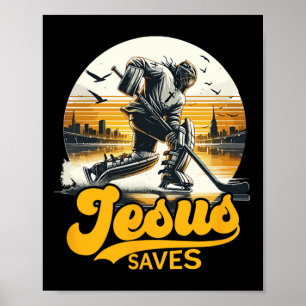 Hockey Jesus Saves Vintage Sport Fan Christ Faith Poster