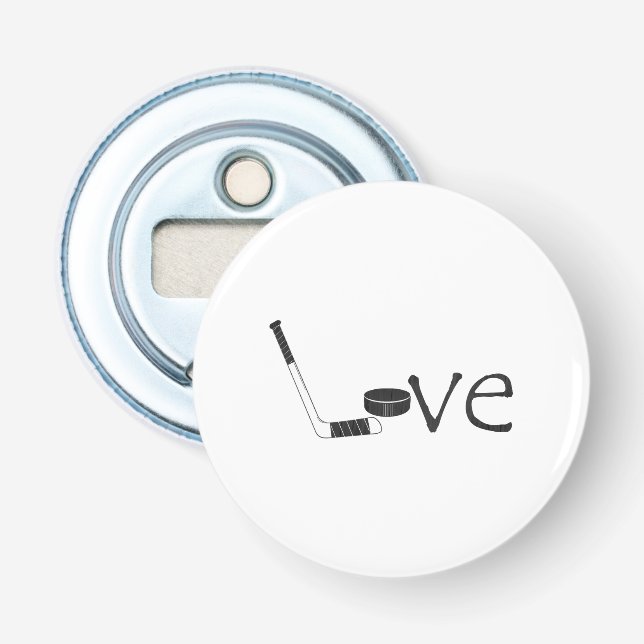 Hockey Love Stick and Puck Word Art Bottle Opener (Front)