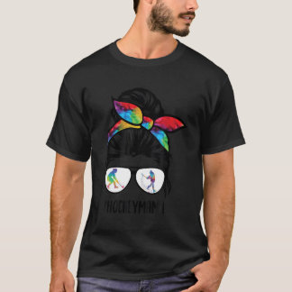 Hockey Mum Messy Hair Bun Woman Ice Hockey Player T-Shirt