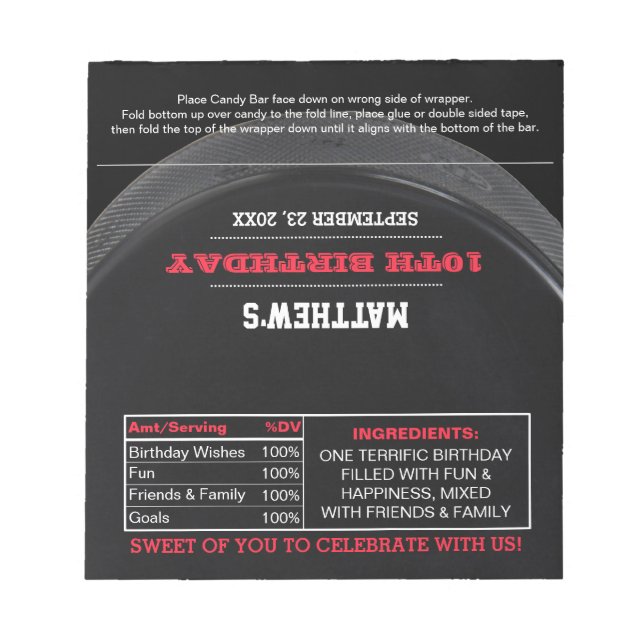 Hockey Party Favour Chocolate Candy Wrappers Notepad (Front)