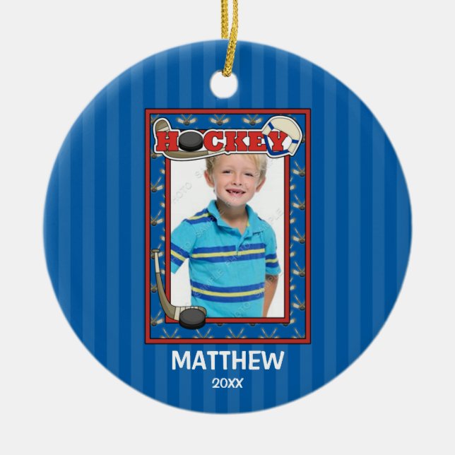 Hockey Photo Frame Kids Personalised Christmas Ceramic Ornament (Front)