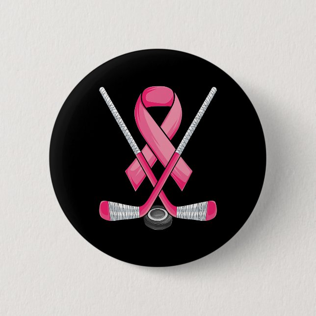 Hockey Pink Ribbon Breast Cancer Awareness Sport L 6 Cm Round Badge (Front)