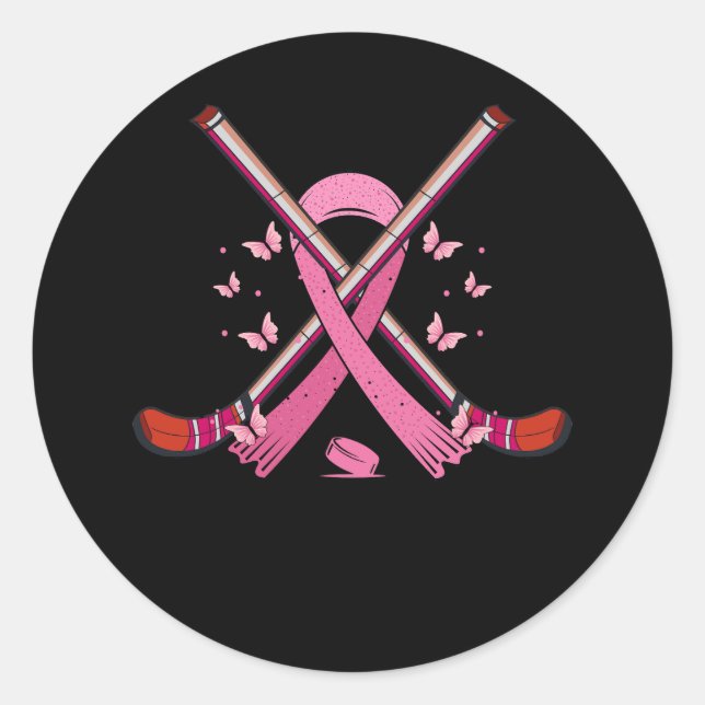 Hockey Pink Ribbon Breast Cancer Awareness Sport L Classic Round Sticker (Front)