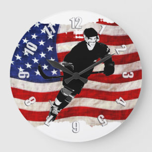 Hockey Player and Tattered US Flag Large Clock