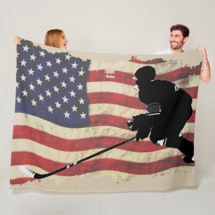 Hockey Player  and US Flag - Winter Sports Fleece Blanket