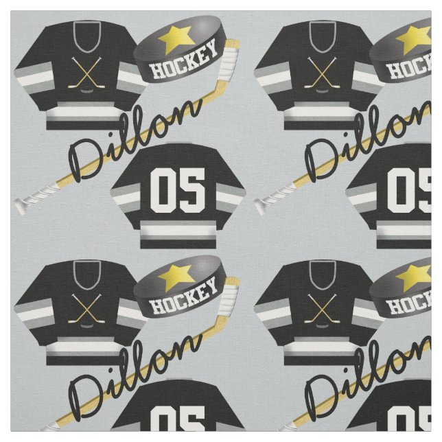 Hockey Player Jersey Puck and Stick Name Number Fabric (Swatch)