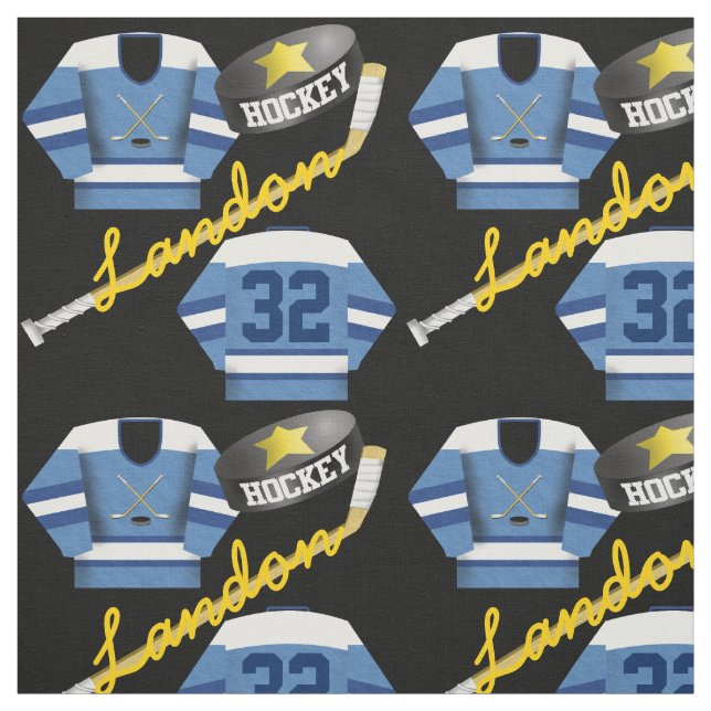 Hockey Player Jersey Puck and Stick Name Number Fabric (Swatch)