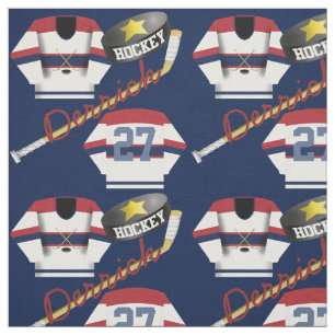 Hockey Player Jersey Puck and Stick Name Number Fabric