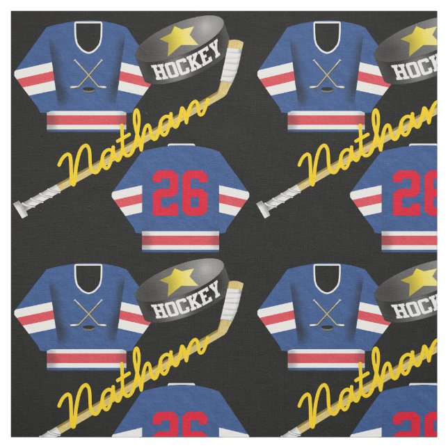 Hockey Player Jersey Puck and Stick Name Number Fabric (Swatch)