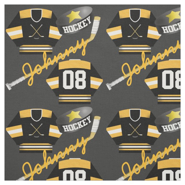 Hockey Player Jersey Puck and Stick Name Number Fabric (Swatch)