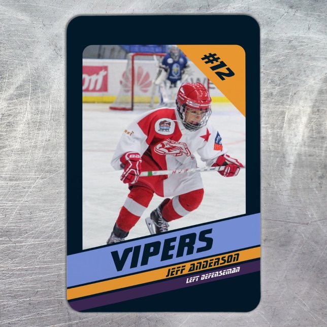 Hockey Player Keepsake On Vibrant Violet Magnet (Ice Hockey: Vibrant violet jersey magnet featuring customizable player image and number.)