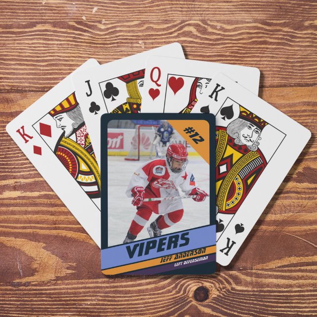 Hockey Player Keepsake On Vibrant Violet Playing Cards (Vibrant violet and yellow playing cards capturing ice hockey memories. Perfect souvenir or gift!)