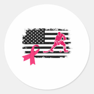 Hockey Player Pink Ribbon Usa Flag Breast Cancer A Classic Round Sticker