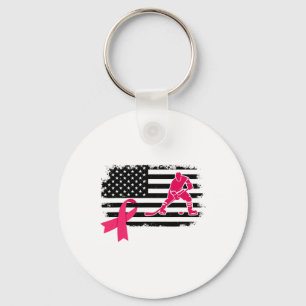 Hockey Player Pink Ribbon Usa Flag Breast Cancer A Key Ring