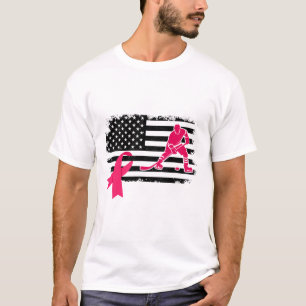 Hockey Player Pink Ribbon Usa Flag Breast Cancer A T-Shirt
