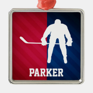 Hockey Player; Red, White, and Blue Metal Ornament