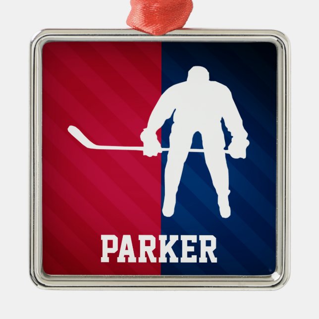Hockey Player; Red, White, and Blue Metal Ornament (Front)