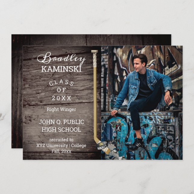 Hockey Player Sports Graduation Photo Announcement (Front/Back)