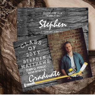 Hockey Player Sports Rustic Photo Graduation Invitation