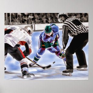 Hockey Players and Referee Face Off Poster