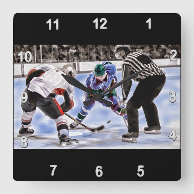 Hockey Players and Referee Face Off Square Wall Clock (Front)