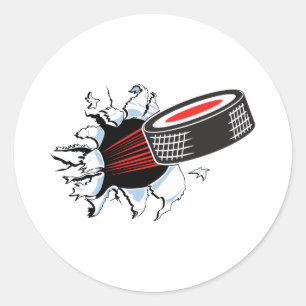 hockey puck ripping through classic round sticker