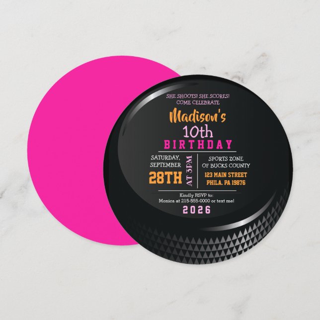 HOCKEY PUCK ROUND Girls Birthday Party Invitation (Front/Back)