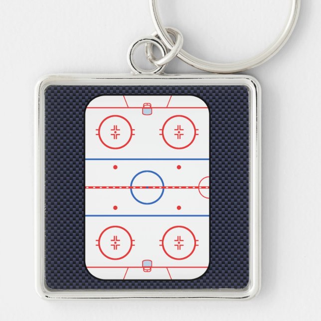 Hockey Rink Diagram on Blue Carbon Fibre Style Key Ring (Front)