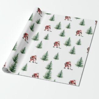 Hockey Santa and Pine Trees Christmas Wrapping Paper