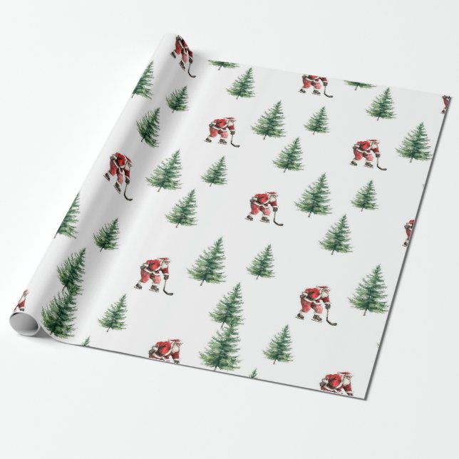 Hockey Santa and Pine Trees Christmas Wrapping  Paper (Unrolled)