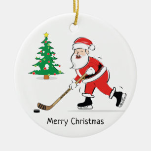 Hockey Santa Christmas Round Ceramic Tree Decoration