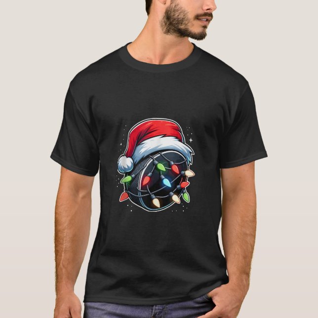 Hockey Santa Hat Christmas Lights Funny Sport Boys T-Shirt (Front)